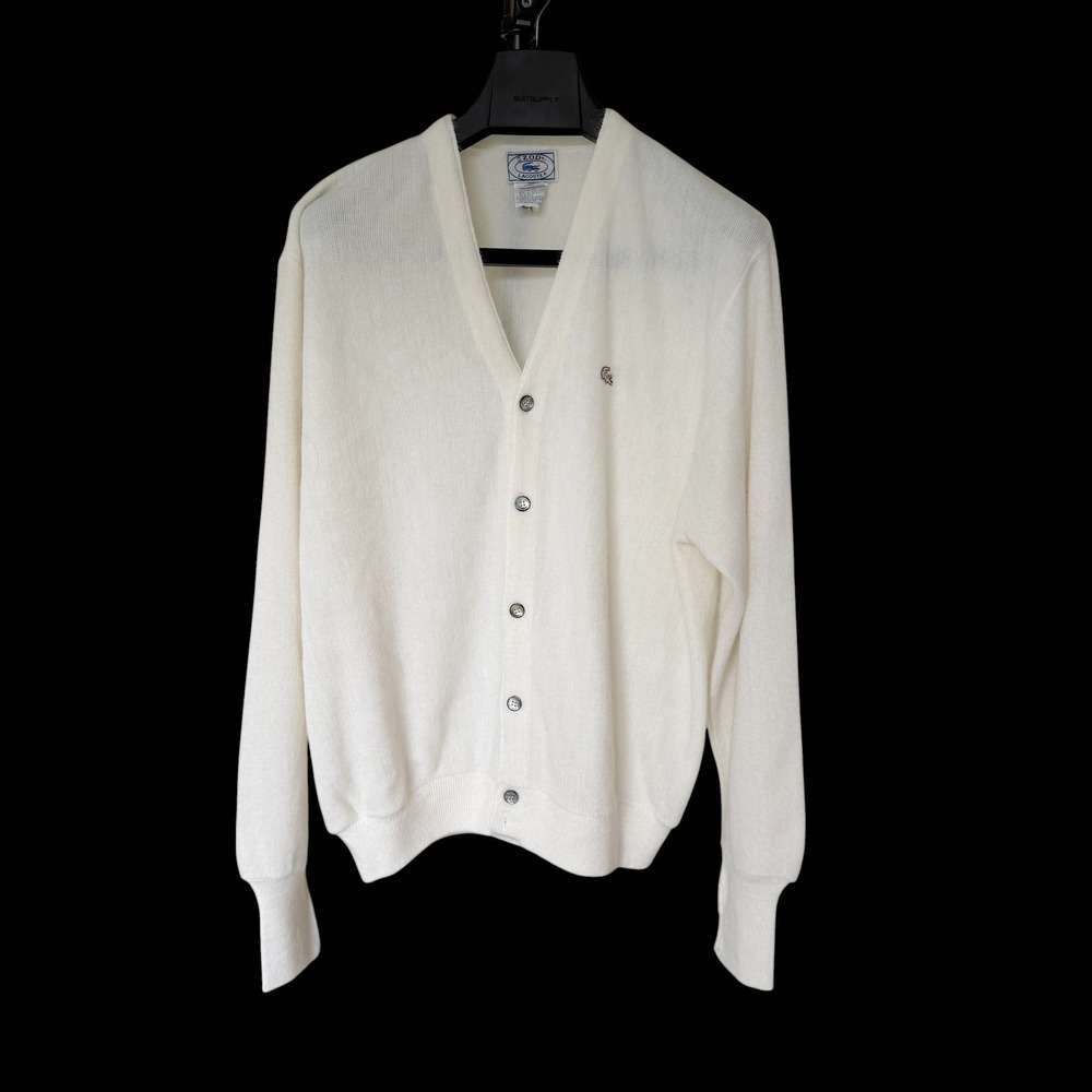 70's Vintage Izod Lacoste Cardigan Sweater XL Cream White Orlon Acrylic USA Made